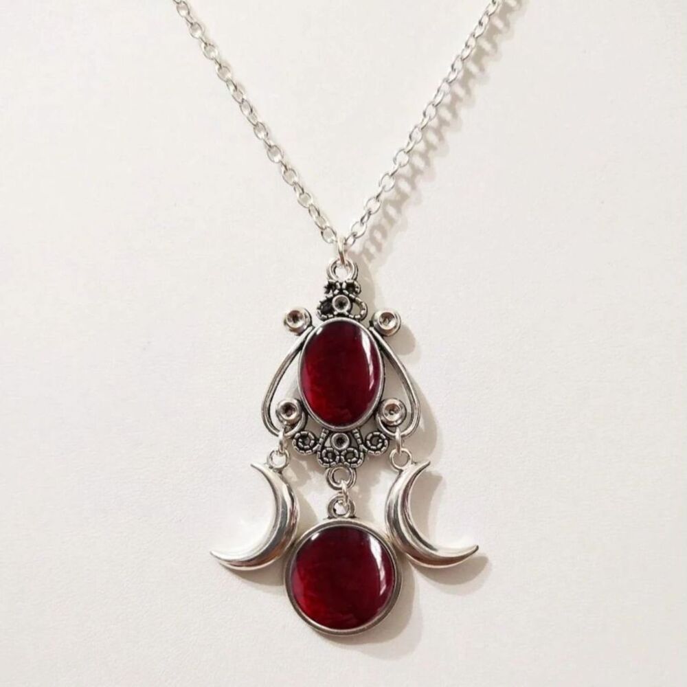 Silver Moon Goddess Necklace Red Gemstone Oval Crystal Pendant Celestial Amulet